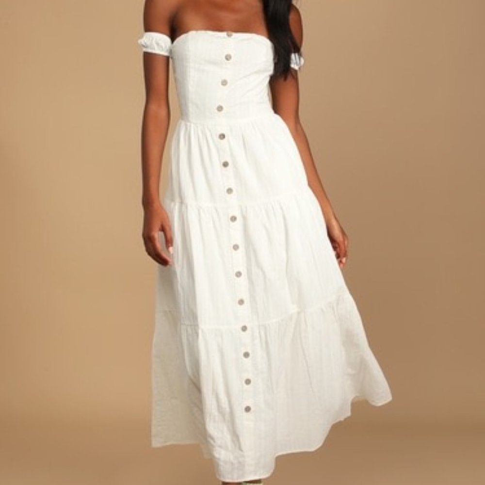 NWT S - Lulus Day at the Winery White Button-Front Off-the-Shoulder Midi Dress